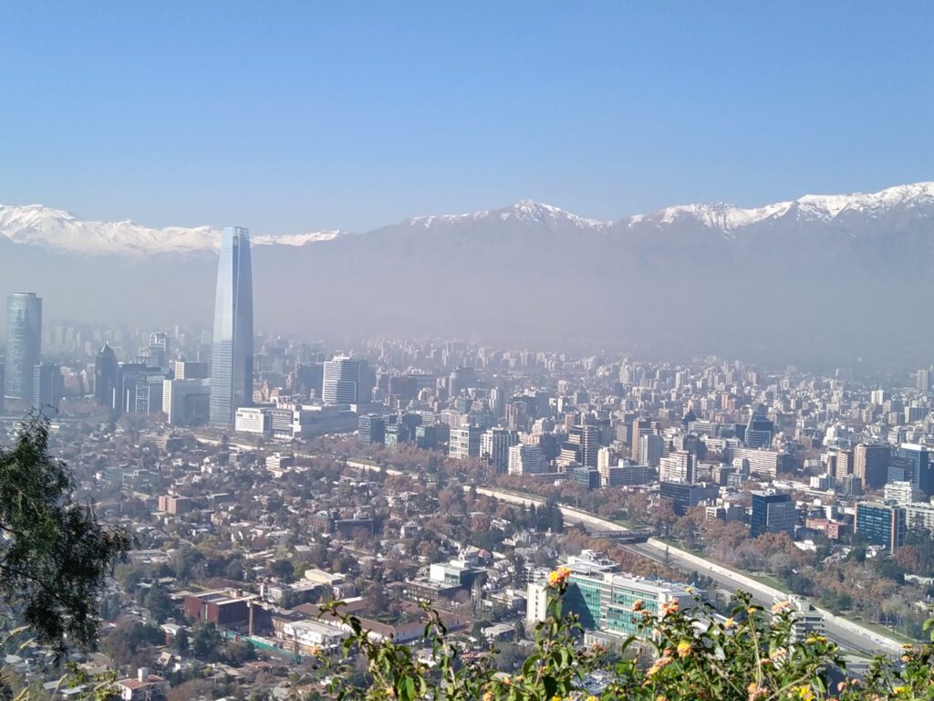 View of Santiago and the Andes mountains from a distant hill